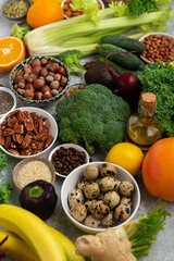 Food set green vegetables nuts grains cooking concept