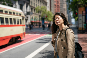 asian Korean businesswoman looking into distance while waiting for bus on her way to work in the morning at bus stop in san Francisco California usa
