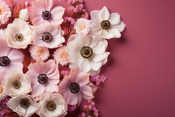 Several white and pink flowers - anemones, daisies and branches on a seamless pastel pink background. Top view. Flat lay. Copy space for text.