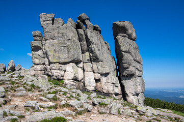 Granite rock in poland part of Giant mountains Krkonose called Słonecznik, sunny summer touristic...