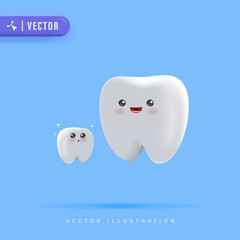 Baby Tooth Character with Mom Tooth Smiling over Blue Isolated Background. Suitable for Dental Kids Clinic