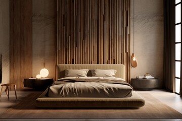 Perfect wooden bedroom, designer interior design details of luxurious natural furnished bedroom