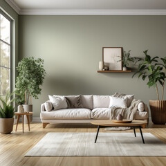 Spacious living room with couch and plants
