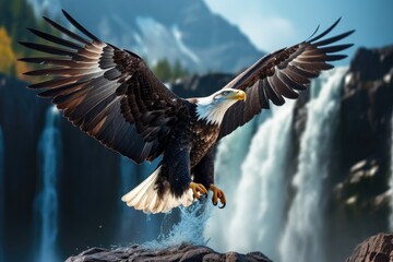 eagle fly on waterfall background in forest
