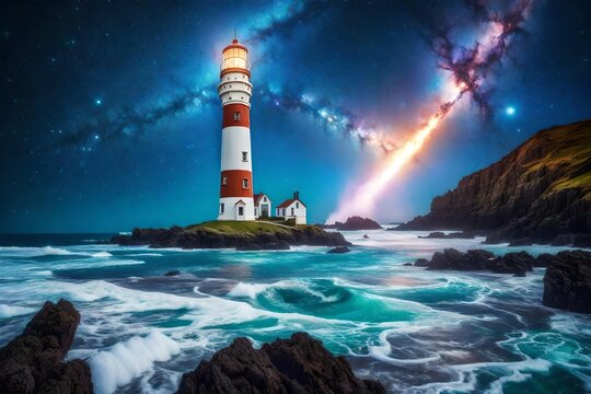 Picture a surreal lighthouse on the edge of a cosmic ocean, its light beam piercing through nebulae and star clusters - AI Generative