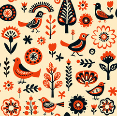 Simple minimalist Scandinavian seamless pattern with birds and flowers