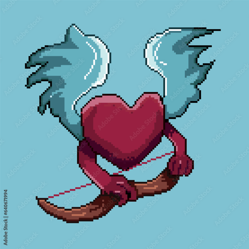 Poster Pixel art of pixelated items. Heart character have two wings and carry a bow. Pixel art,8bits perfect for game asset or design asset element for your game design asset.