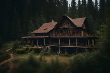 Fototapeta na wymiar Rustic country house in the middle of the forest - AI Generative