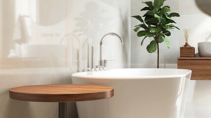 Round wooden side table, bathtub, fiddle leaf fig tree in luxury design bathroom in sunlight on white tile wall for beauty, cosmetic, skincare, body care, toiletries product display background 3D