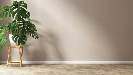 Large tropical green monstera in white pot on wooden chair in sunlight, shadow on blank beige brown wall, tile floor. Luxury interior design decoration, fashion, beauty, product display background 3D
