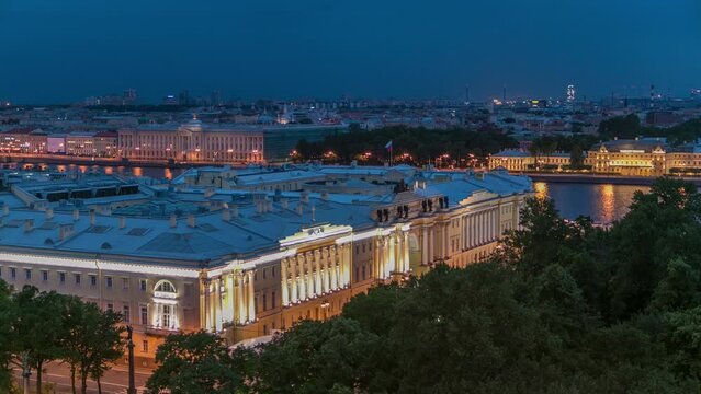 Timelapse of the Constitutional Court of the Russian Federation at night in St. Petersburg, Russia. The Senate and Synod building is also seen. Top view from Saint Isaac's Cathedral enhances the view
