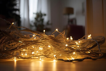 Twisted New Year garlands with bright lights burning golden light lie on floor of home. Decoration of house on Christmas Eve.