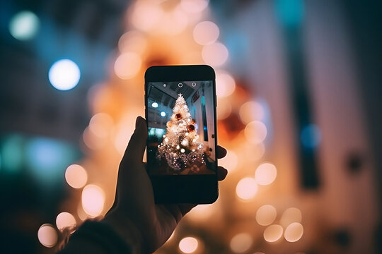 Decorative Christmas tree with yellow lights on smartphone screen in man hands. Person taking photo of urban decor at winter time outdoor.