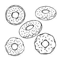 Set of Donut with glaze. Collection of Sweet sugar dessert with icing. Outline cartoon illustration isolated on white background