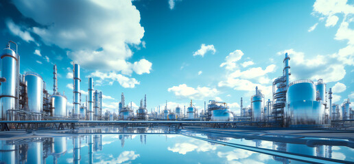 Obraz premium A wide angle image of a generic hydrogen power plant with tanks and pipes. Hydrogen clean power concept.