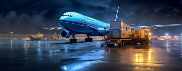Large passenger aircraft being loaded in the night at airport - obrazy, fototapety, plakaty