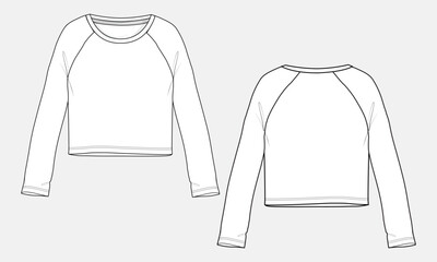 Raglan long sleeve t shirt tops blouse technical drawing fashion flat sketch vector illustration template for ladies