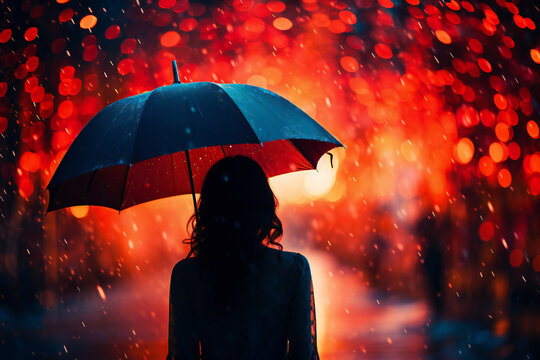 Girl silhouette under the rain in the night, with a red umbrella