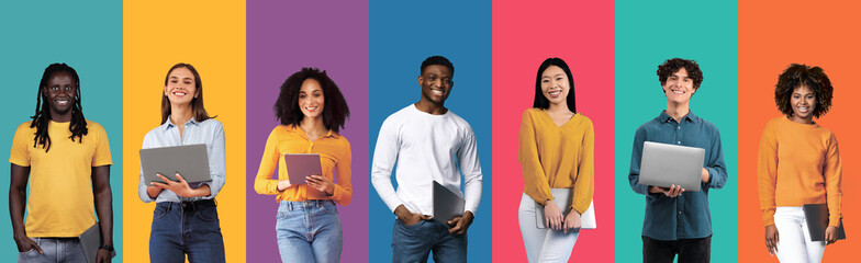 Online Education. Group Of Multicultural Women Study Remotely With Laptop Computers, Happy Multiethnic Females Using Modern Devices For E-Learning, Posing Over Colorful Studio Background, Collage