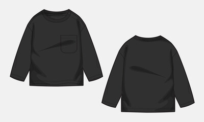Long sleeve t shirt technical drawing fashion flat sketch vector illustration black color  template for men's and boys