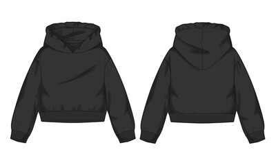 Long sleeve hoodie technical drawing fashion flat sketch vector illustration black color template for women's 