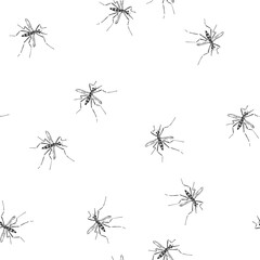 Vector seamless pattern with hand-drawn mosquitos isolated on white. Endless texture with insects in sketch style.