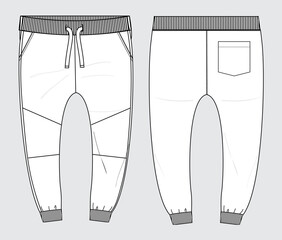 Fleece cotton jersey basic Sweat pant technical fashion flat sketch template front and back views. Apparel jogger pants vector illustration mock up for kids and boys.