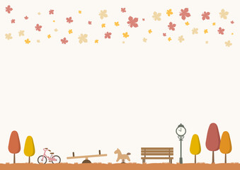 Fototapeta premium 秋の風景、シーソーと木馬、ベンチと時計がある公園