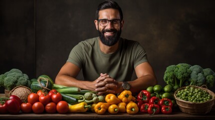 A man holding a box with fresh vegetables. Healthy eating concept.