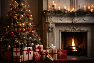 christmas tree with gifts and a fireplace