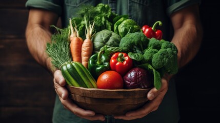 A man holding a box with fresh vegetables. Healthy eating concept.