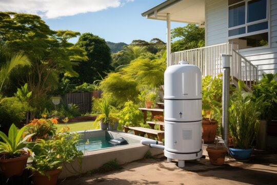 A rainwater harvesting system with a water tank and filtration unit