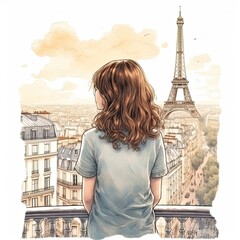 Fototapeta premium Watercolor illustration for children depicting a girl on the background of Paris