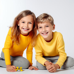 Children on white background. Boy and girl developing abilities