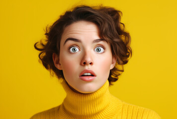 Portrait of a young redhead woman wearing a surprised and slightly confused expression, evoking humor and curiosity, isolated against a vibrant yellow background. - obrazy, fototapety, plakaty