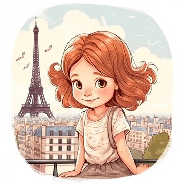 Watercolor illustration for children depicting a girl on the background of Paris