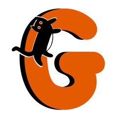 Capital Letter G,Orange Alphabet Clipart with Black Cat,Halloween theme
