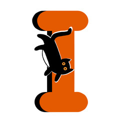 Capital Letter I,Orange Alphabet Clipart with Black Cat,Halloween theme
