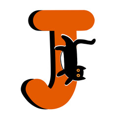 Capital Letter J,Orange Alphabet Clipart with Black Cat,Halloween theme
