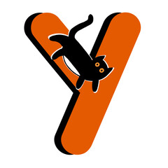 Capital Letter Y,Orange Alphabet Clipart with Black Cat,Halloween theme
