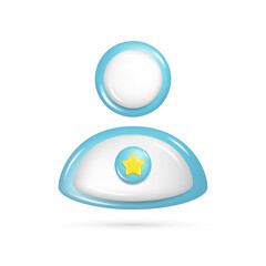 Realistic 3d glossy person, user icon with star. Customer 3d cartoon element, blue and white customer symbol, profile or avatar UI icon. Vector illustration isolated on white background