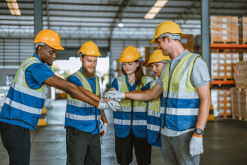 Diverse warehouse team create empowerment, confidence. Collaboration drives excellence in logistics