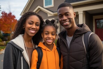 African American family in front of newly bought house ownership smile proudly