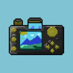 Zelfklevend Fotobehang Pixel art of camera that view beautiful landscape mountain on pixelated style. Pixel art,8bits perfect for game asset or design asset element for your game design asset. © Andra209