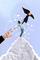 Vertical collage image of big arm abuse point finger mini astronaut helmet guy balancing mountain...