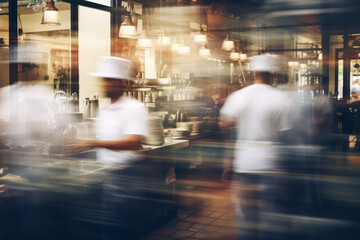 Blurred fancy restaurant background with some people eating and waiters serving food.