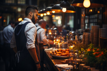 Obraz premium Blurred fancy restaurant background with some people eating and waiters serving food.