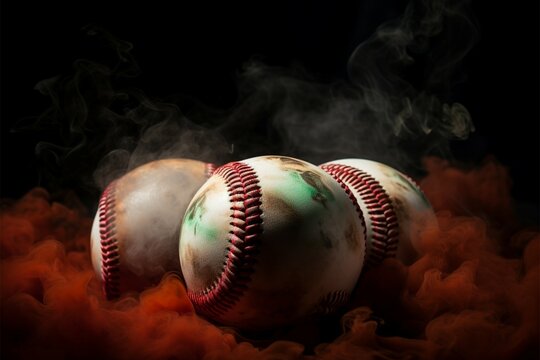 A baseballs vivid hues stand out amidst a smoky background
