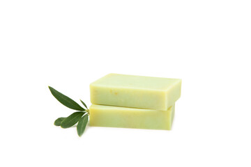 Natural bar of soap with olive oil extract isolated on white background. Pieces of green soap on a white background.