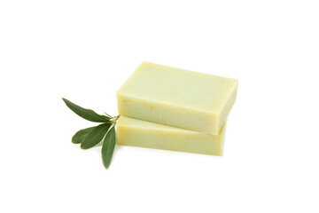Natural bar of soap with olive oil extract isolated on white background. Pieces of green soap on a white background.